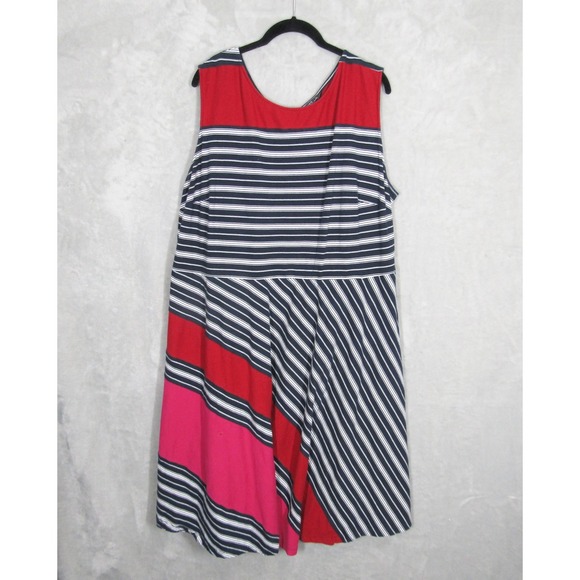 eShakti Dress 4X-28W Striped Sleeveless Red Pink Blue Cotton Blend Midi - Picture 1 of 11